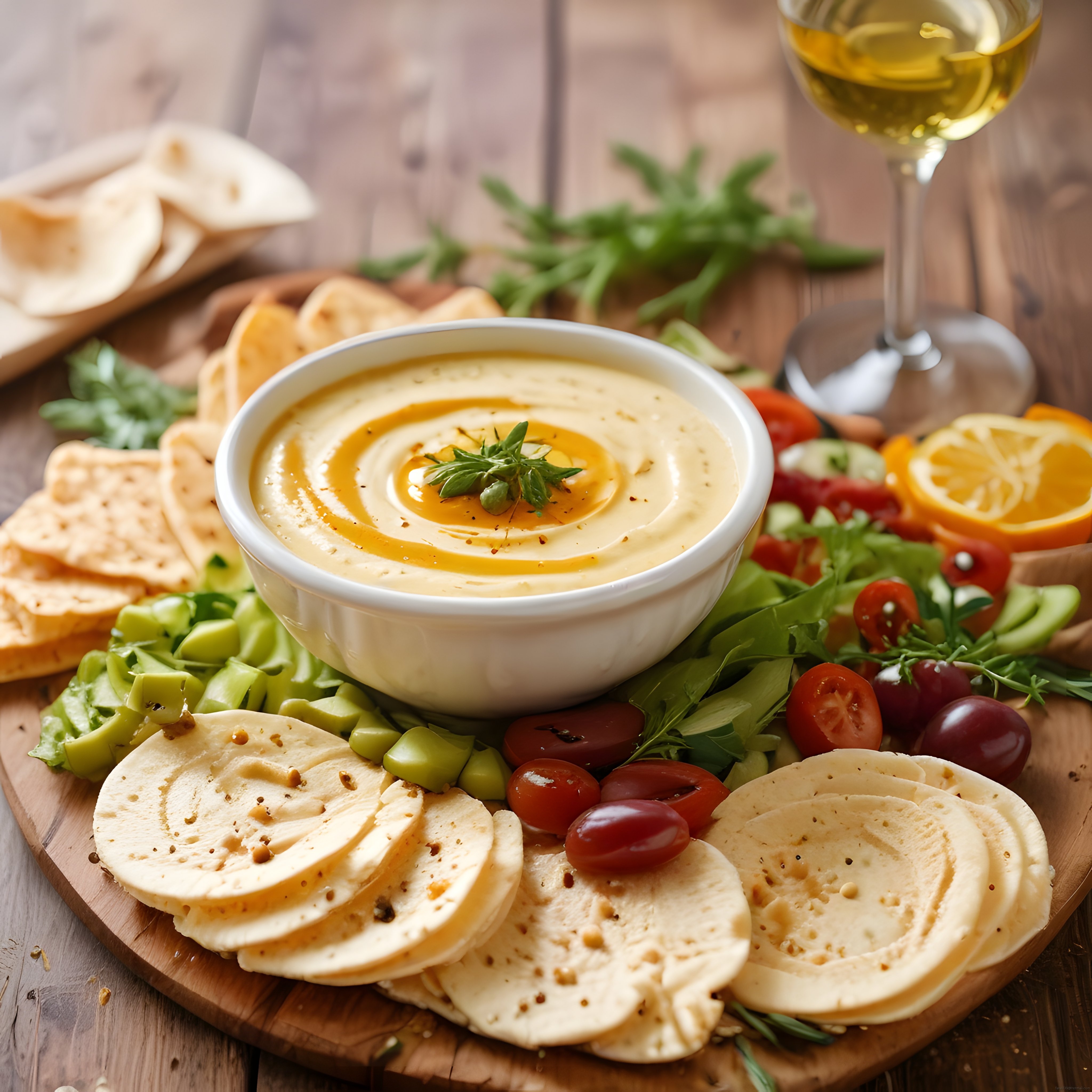 Zeytinyağlı humus, sebzeler, kraker ve beyaz şarap eşliğinde akşamüstü sofrası