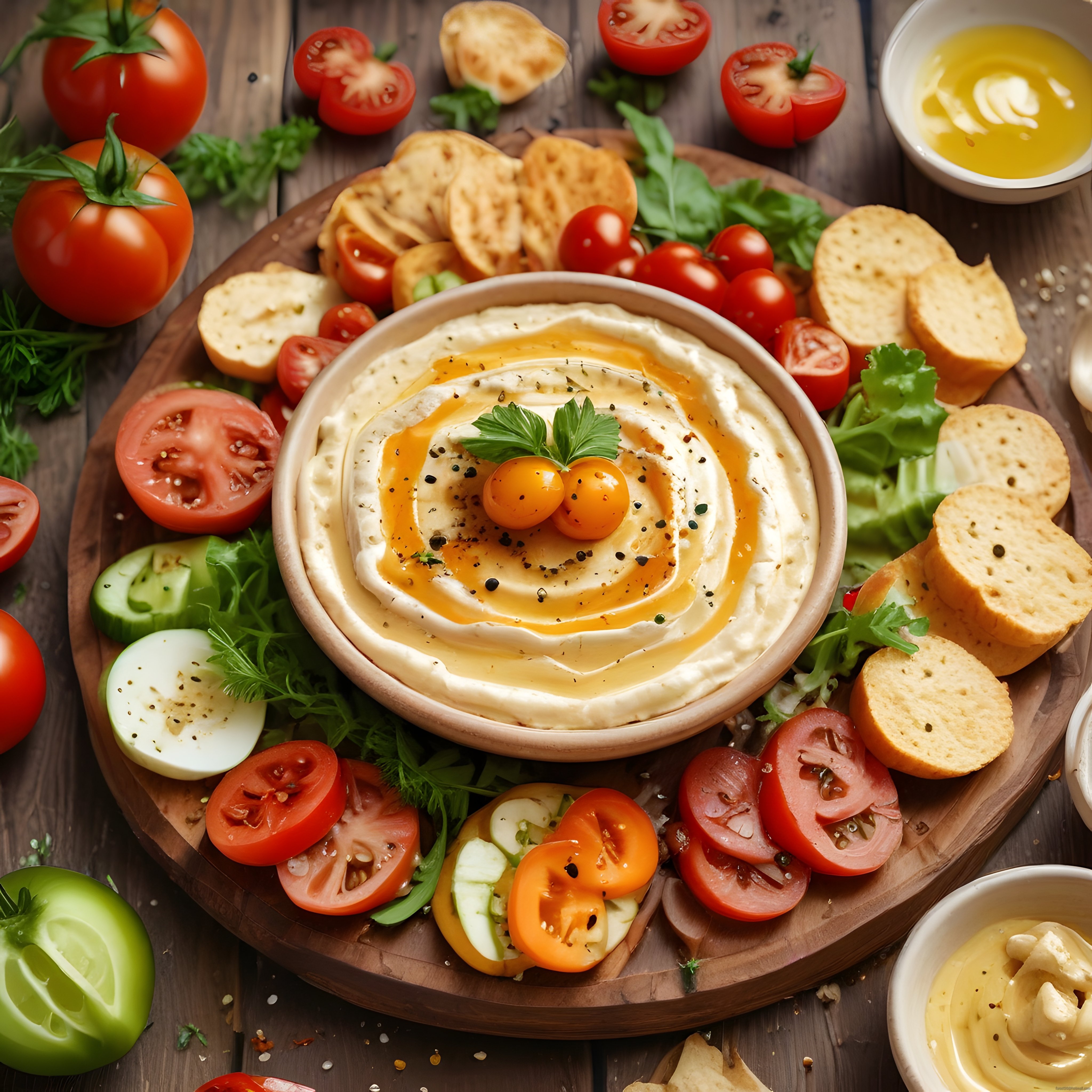 Zeytinyağlı Humus Sunum Tahtası ve Taze Sebzelerle Kahvaltı Keyfi