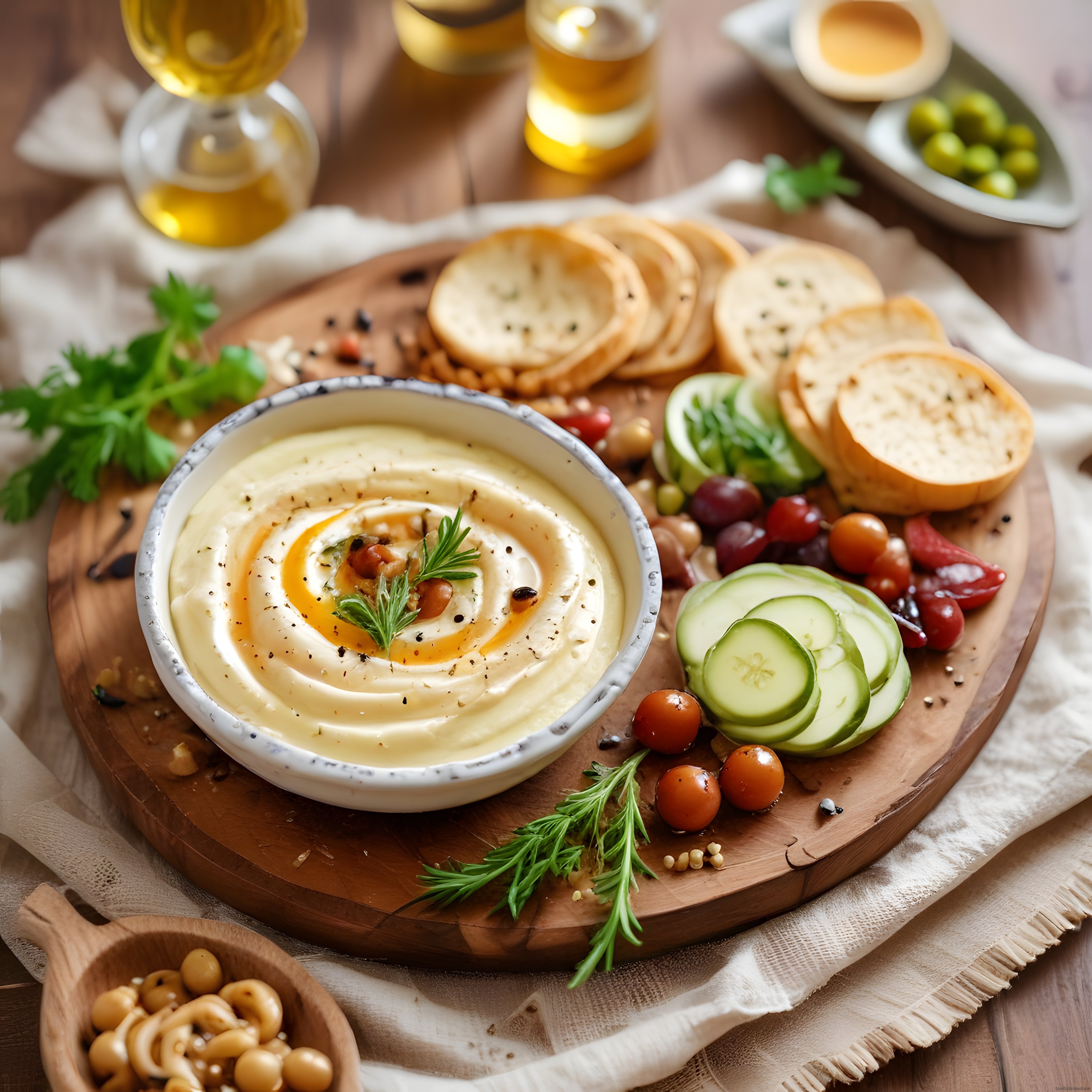 Zeytinyağlı Humus Sunumu: Taze Sebzeler ve Kızarmış Ekmeklerle Servis