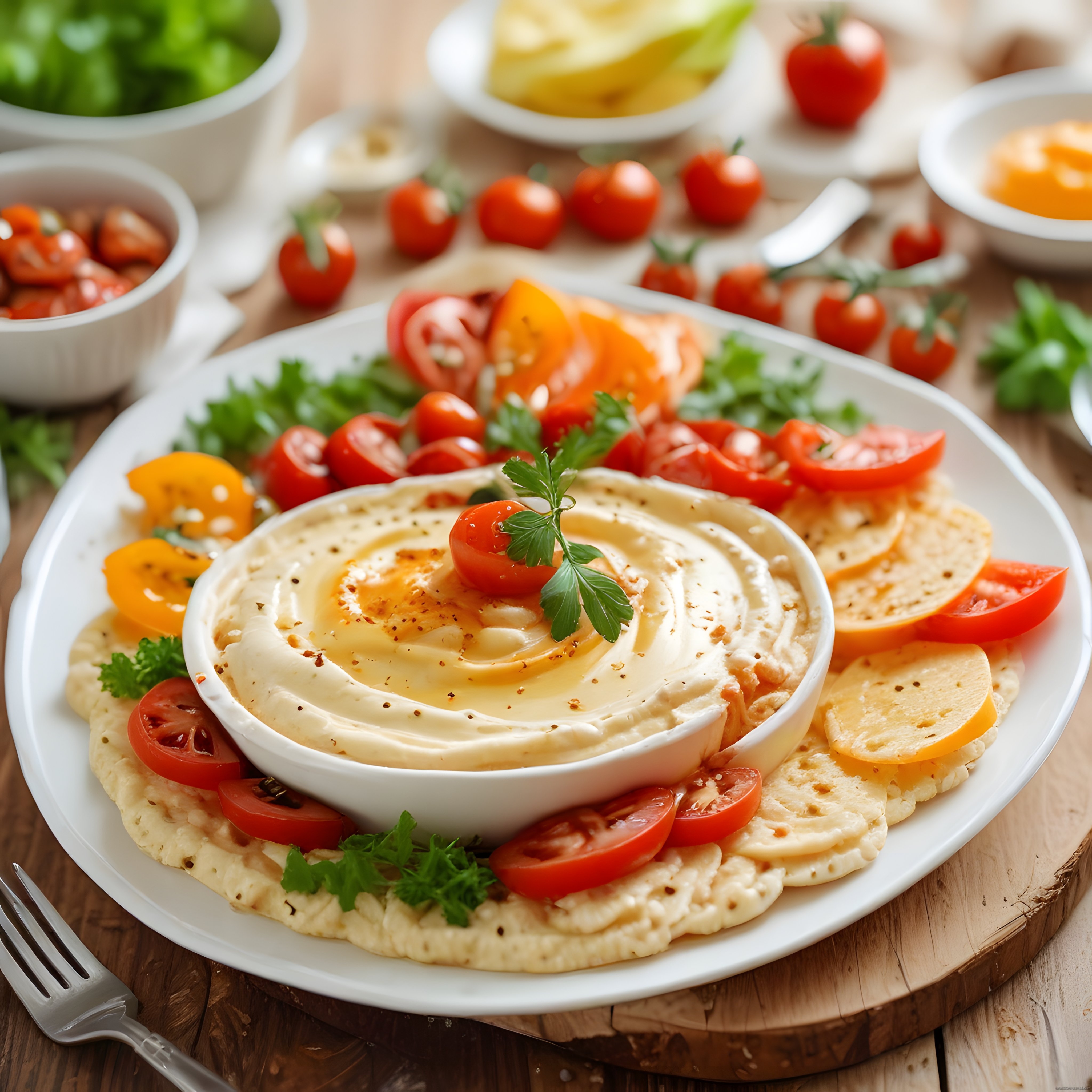 Zeytinyağlı Humus Tabağı: Domates ve Taze Otlarla Ortadoğu Stili Sunum