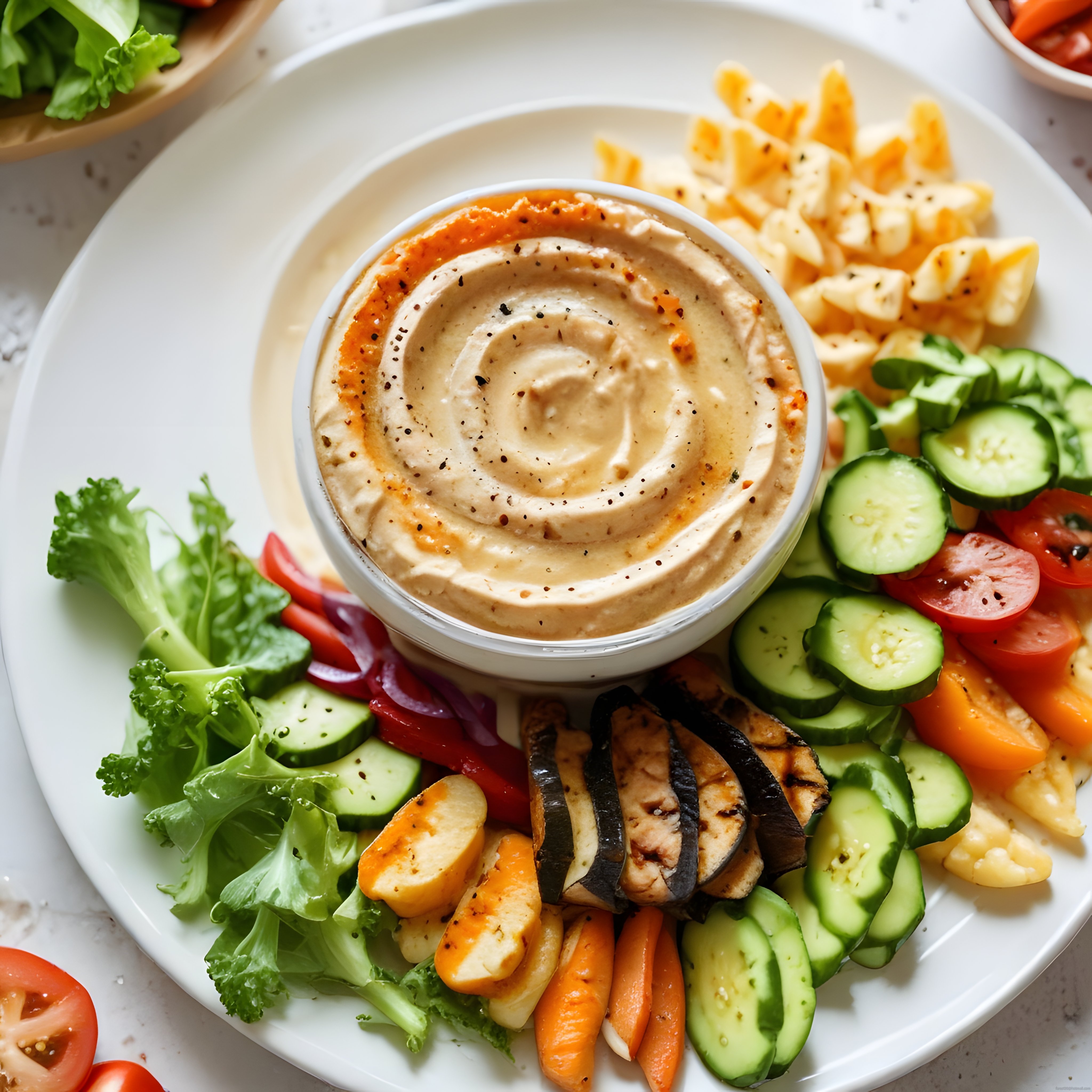 Zeytinyağlı Humus ve Taze Sebzelerden Oluşan Sağlıklı Meze Tabağı