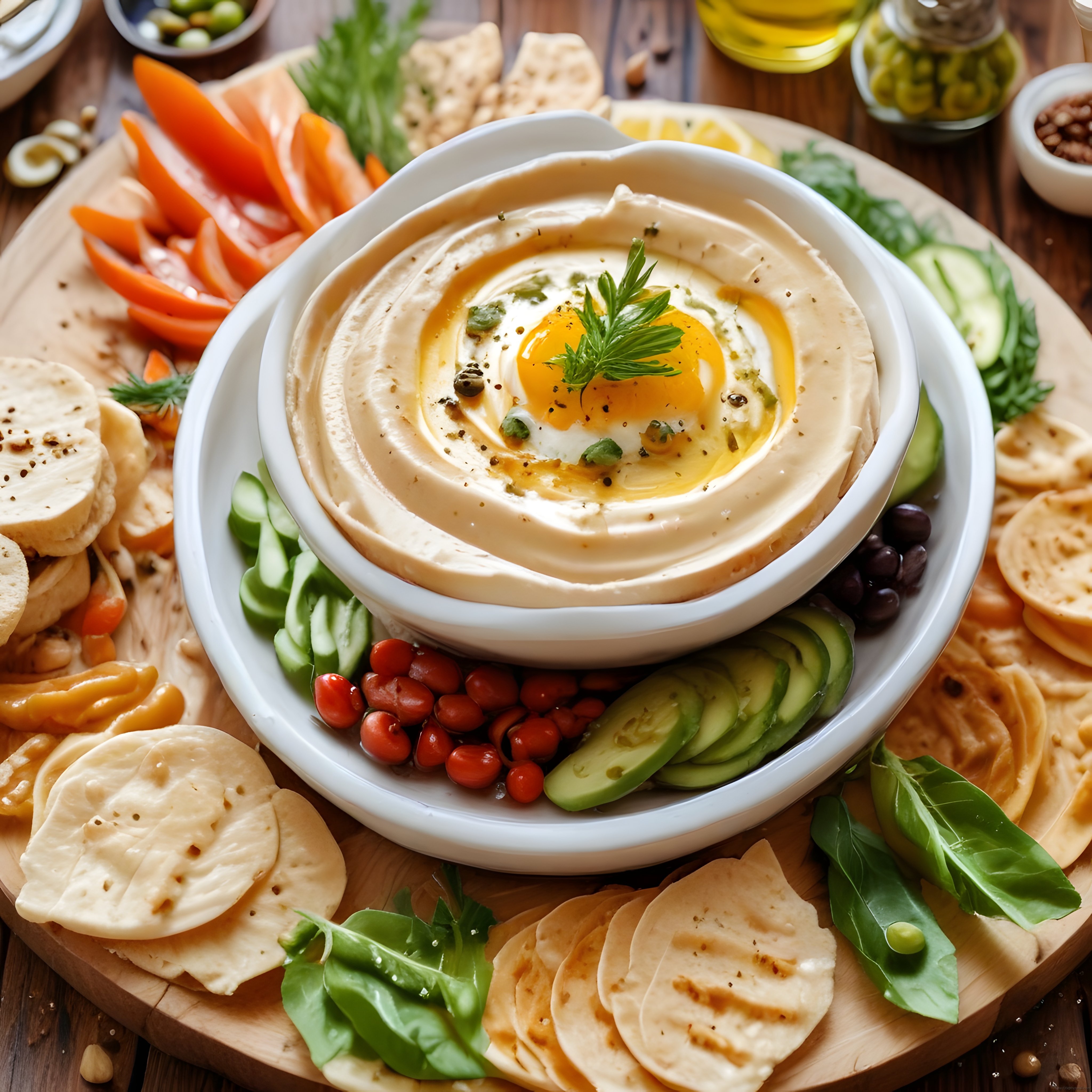 zeytinyağlı humus ve taze sebzelerle hazırlanan sağlıklı ev yapımı meze tabağı