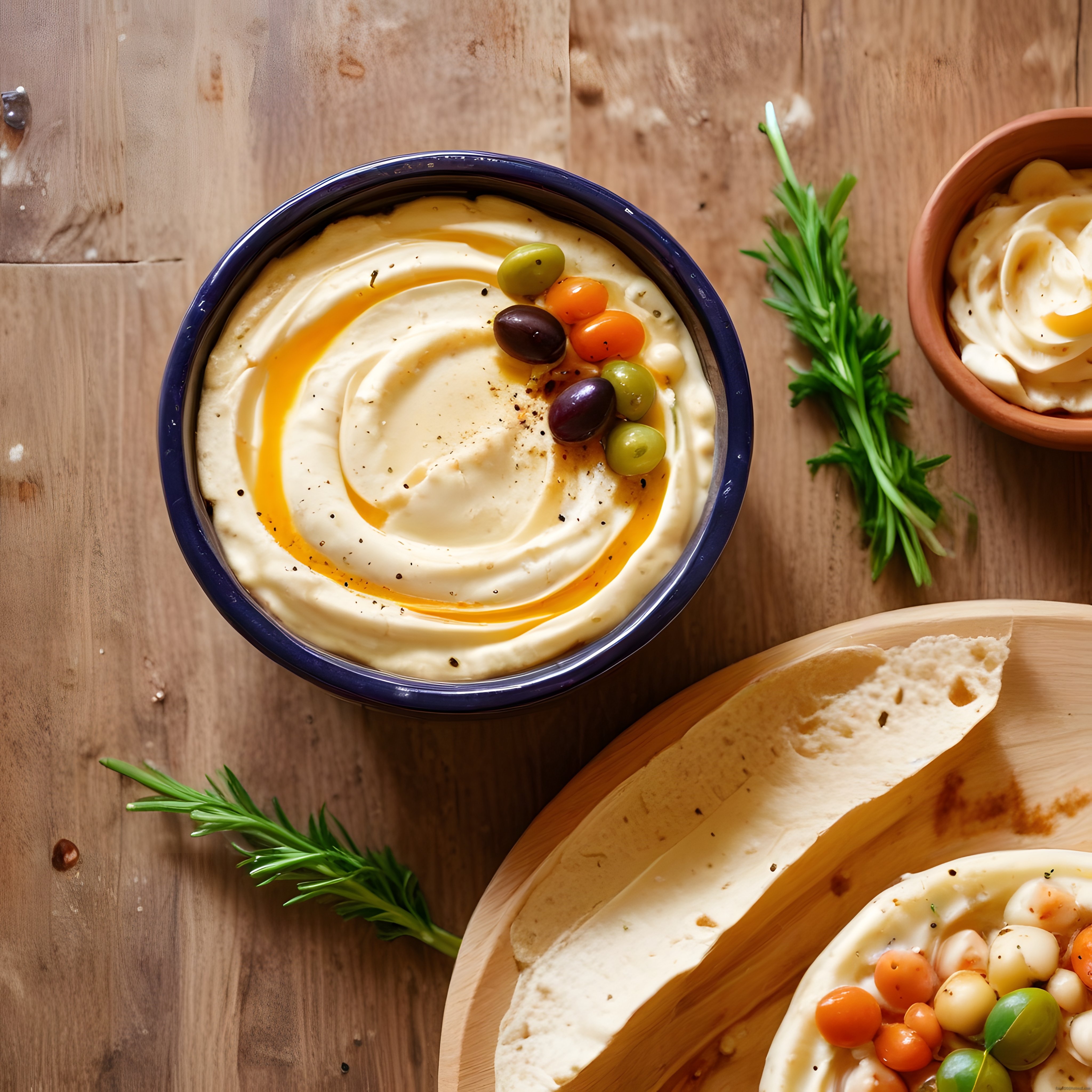 Zeytinyağlı Kreması Humus, Taze Biberiye ve Lavaş ile Mükemmel Meze Sunumu