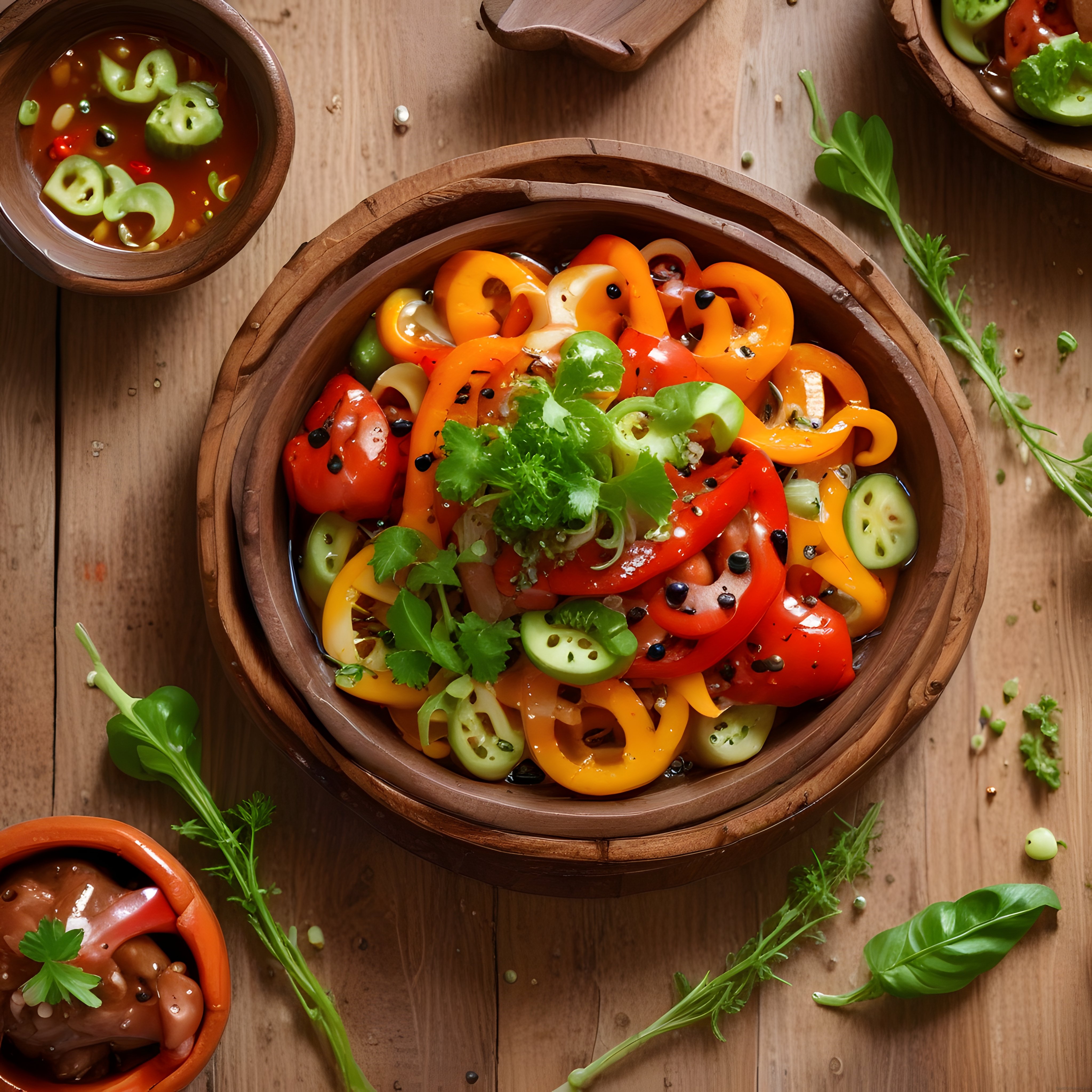 Zeytinyağlı Renkli Biber Salatası Taze Otlarla Ahşap Sunumda