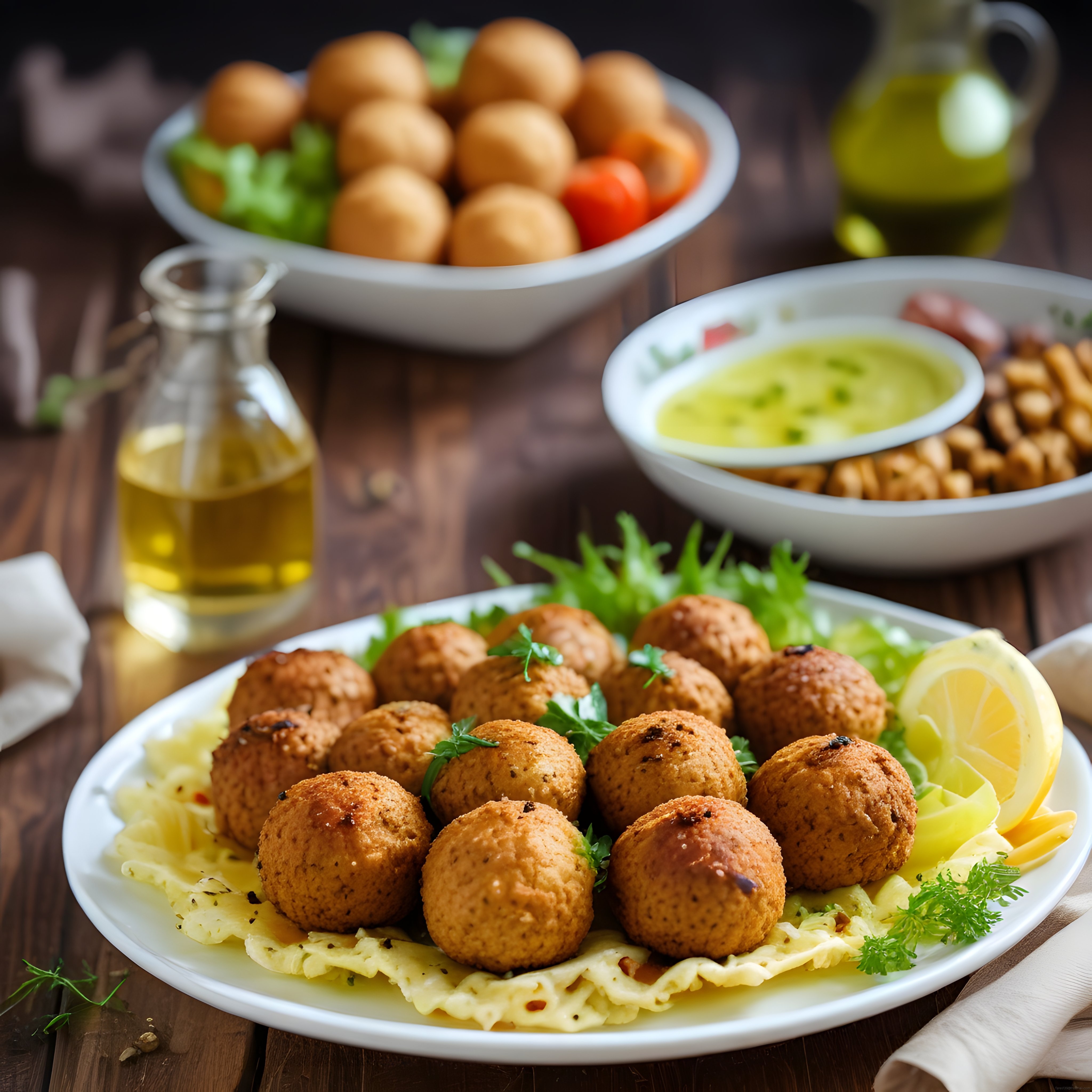 Zeytinyağlı Rustik Ahşap Masada Kızarmış Falafel ve Limonlu Sunum Tabağı