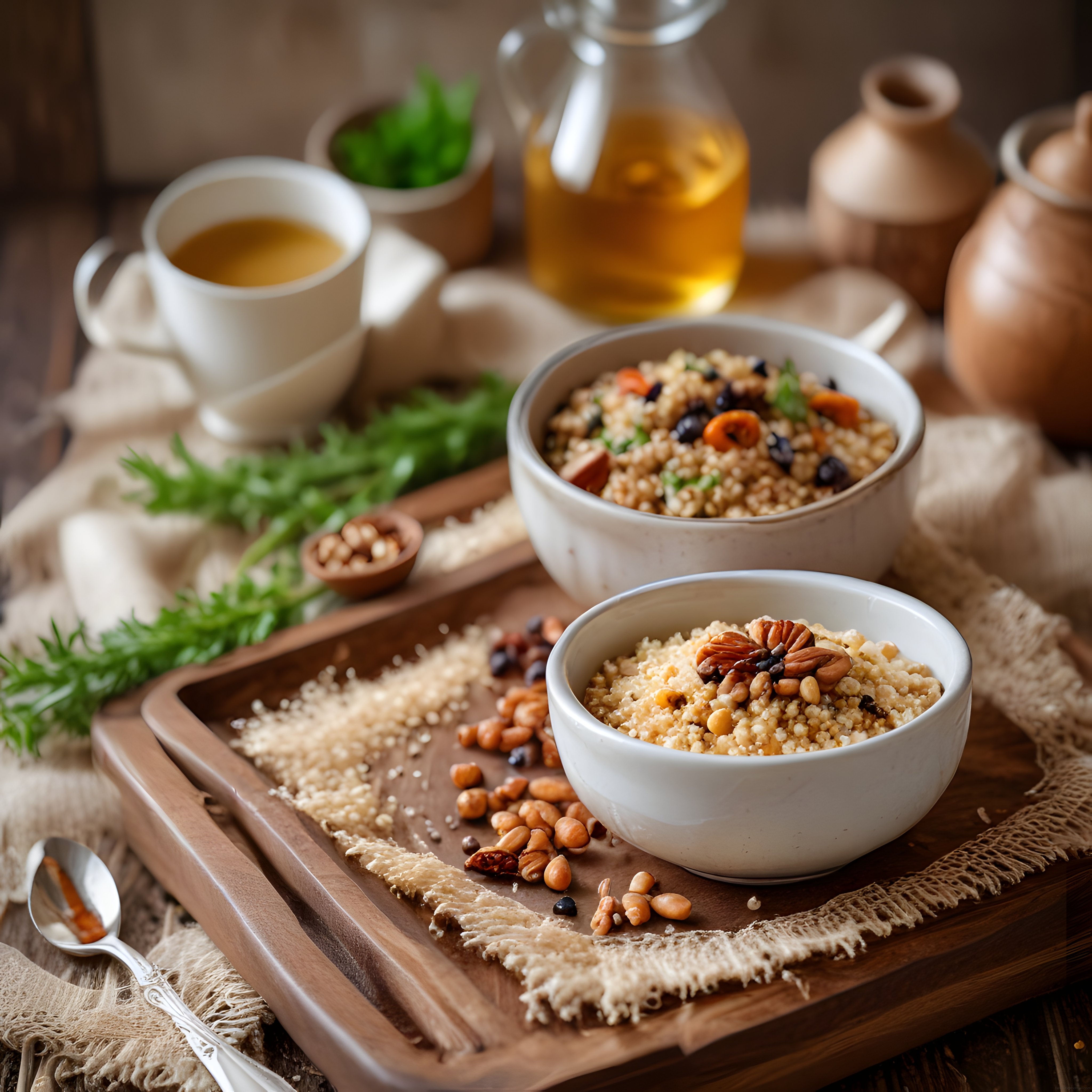Zeytinyağlı Tahıl Salatası ve Kuruyemişli Sağlıklı Vegan Tabak Sunumu