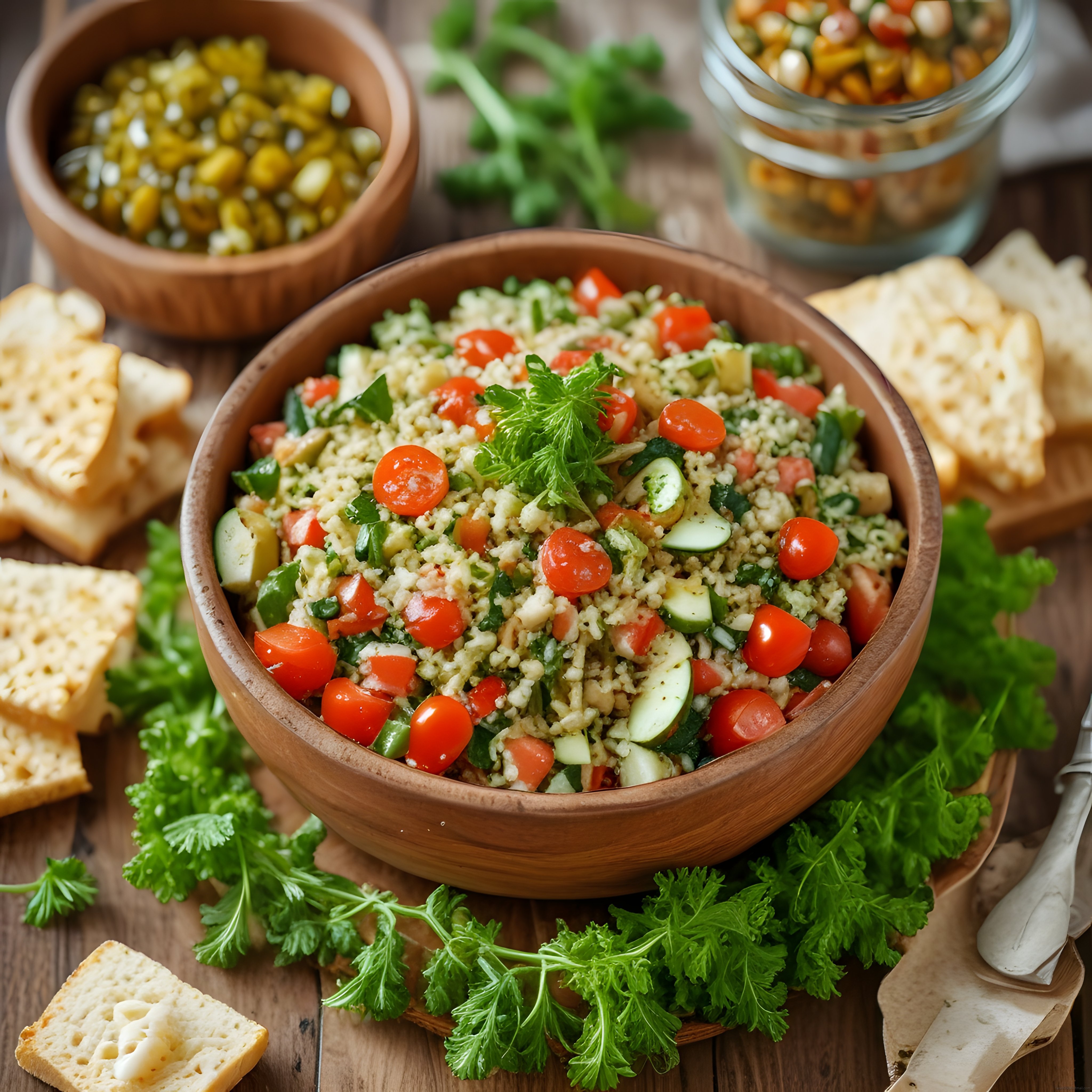 Zeytinyağlı Taze Sebzeli Bulgur Salatası ve Ev Yapımı Ekmek Sunumu