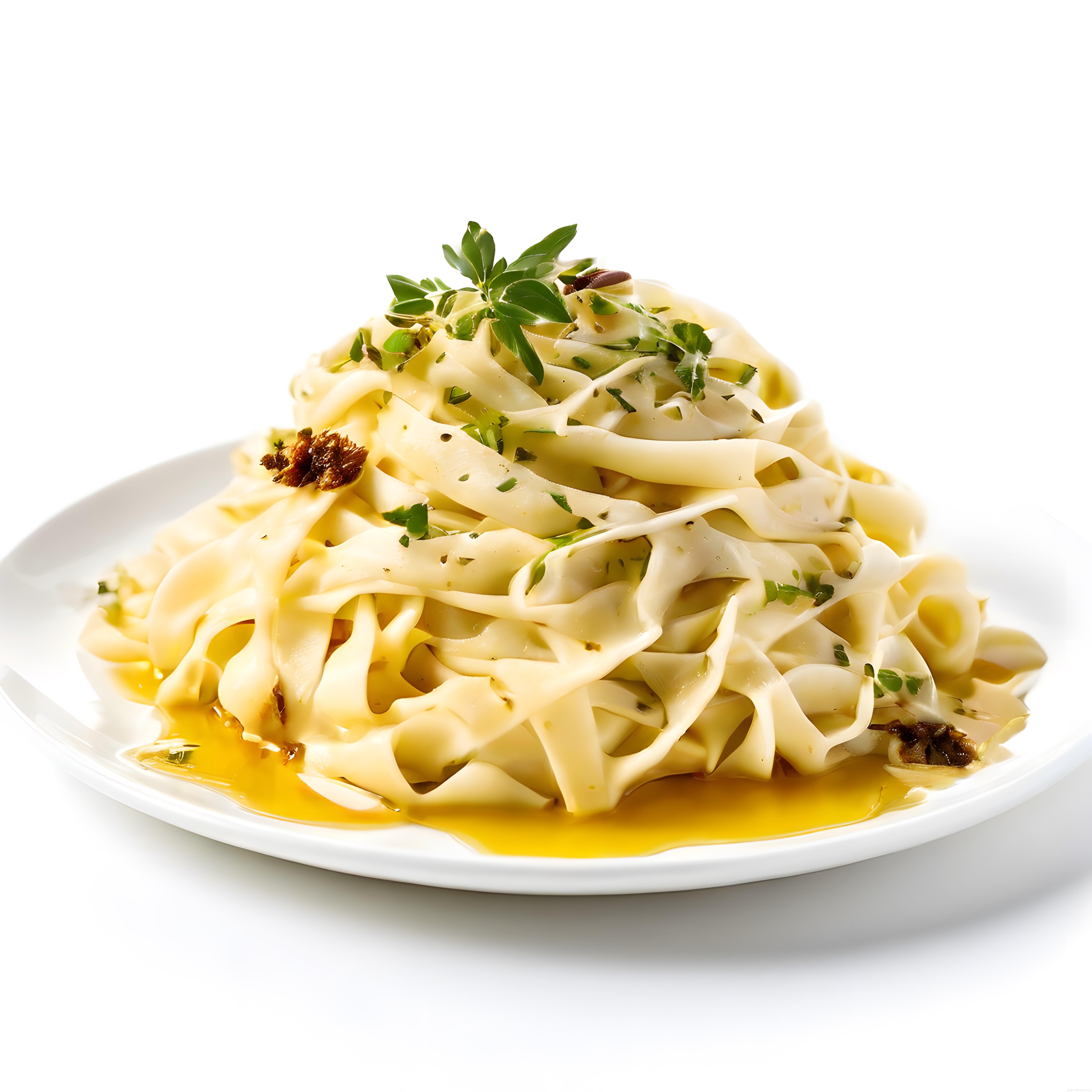 zeytinyağlı ve taze otlarla süslenmiş fettucine makarna tabağı