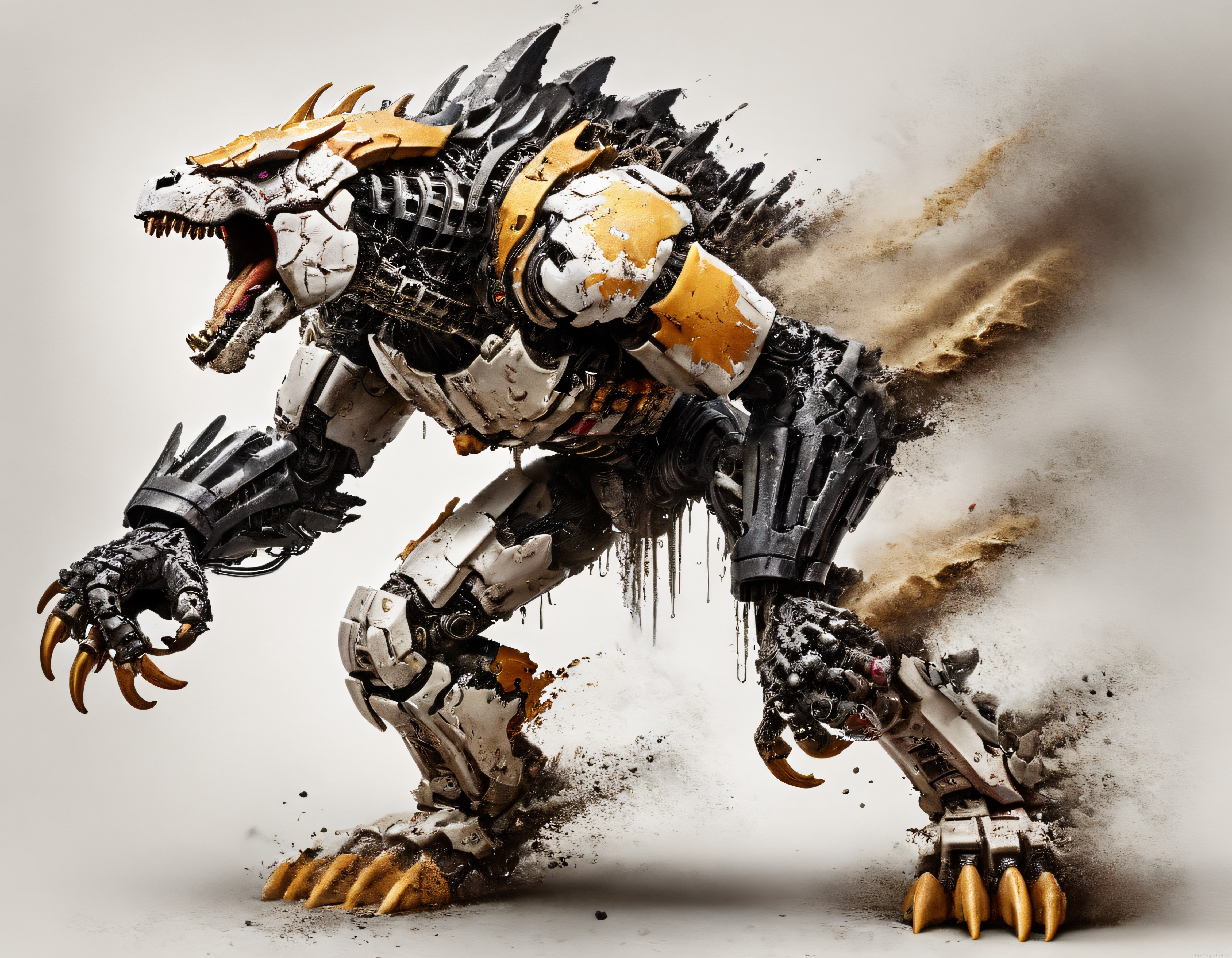 Zırhlı Beyaz Altın ve Siyah Renkli Mekanik Dinozor Robotu Dinamik 3D Tasarımı