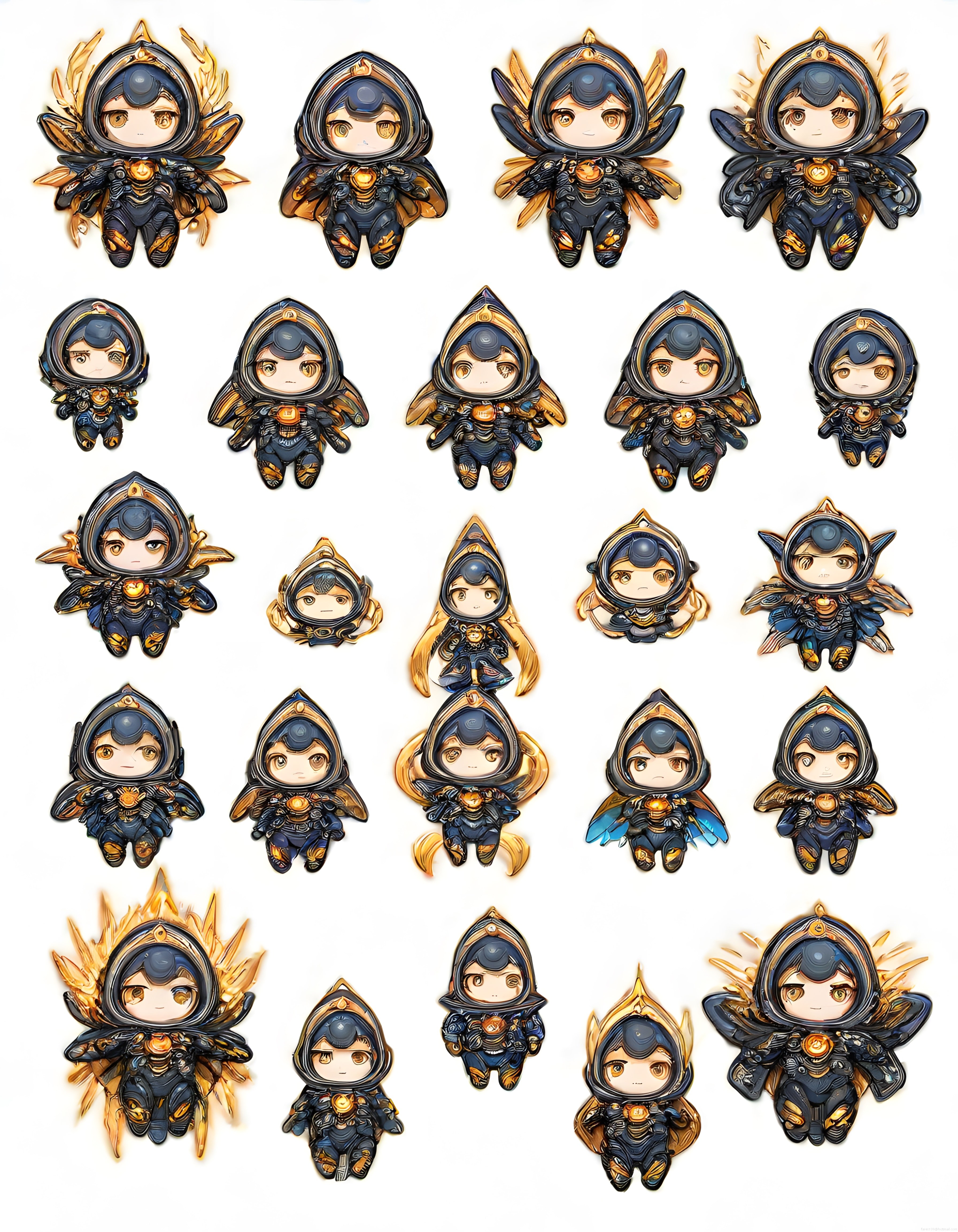 Zırhlı mecha chibi karakterin anime dijital sanat çalışması farklı poz ve varyasyonları
