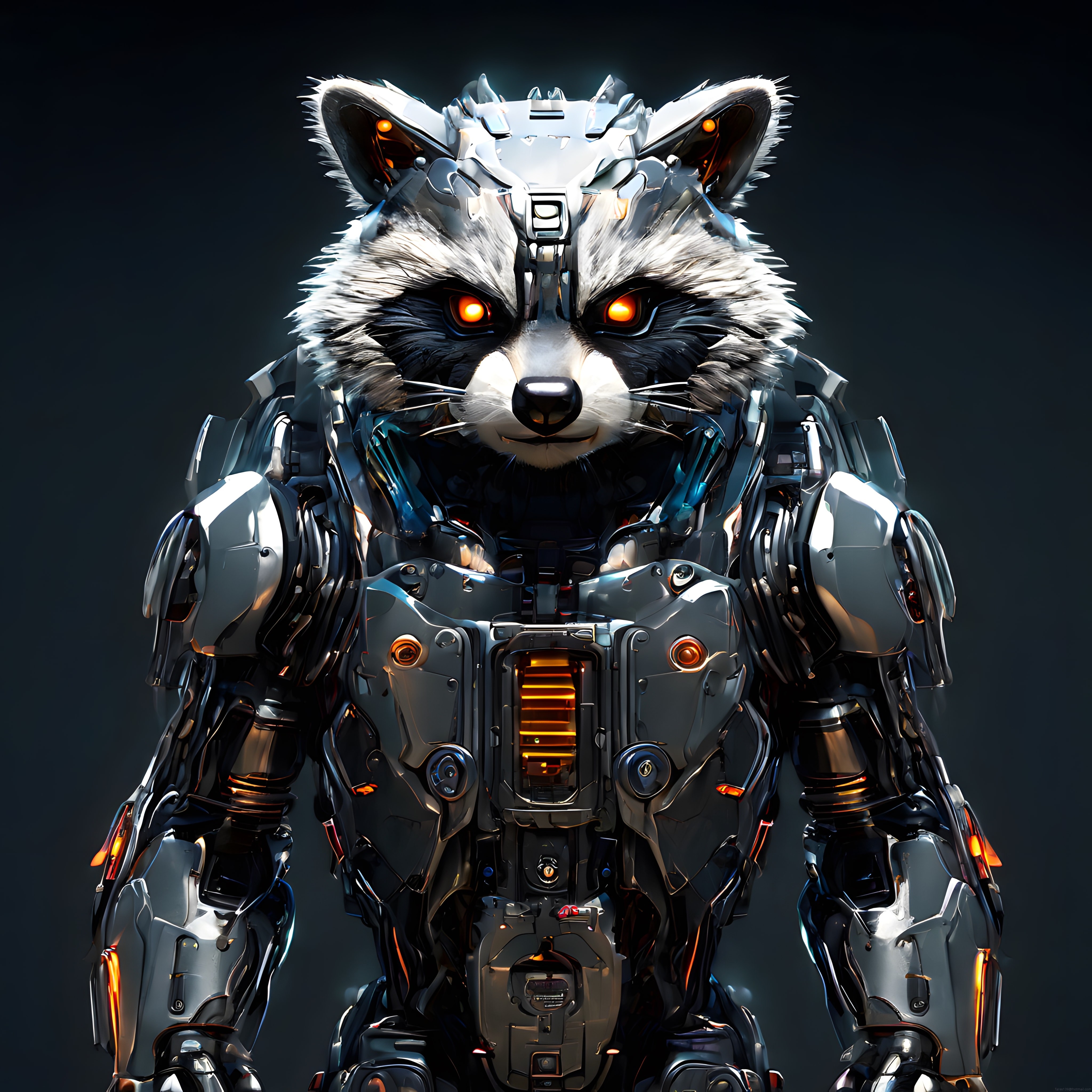 Zırhlı Robot Rakun Portresi: Cyberpunk Mekanik Hayvan Karakter Tasarımı