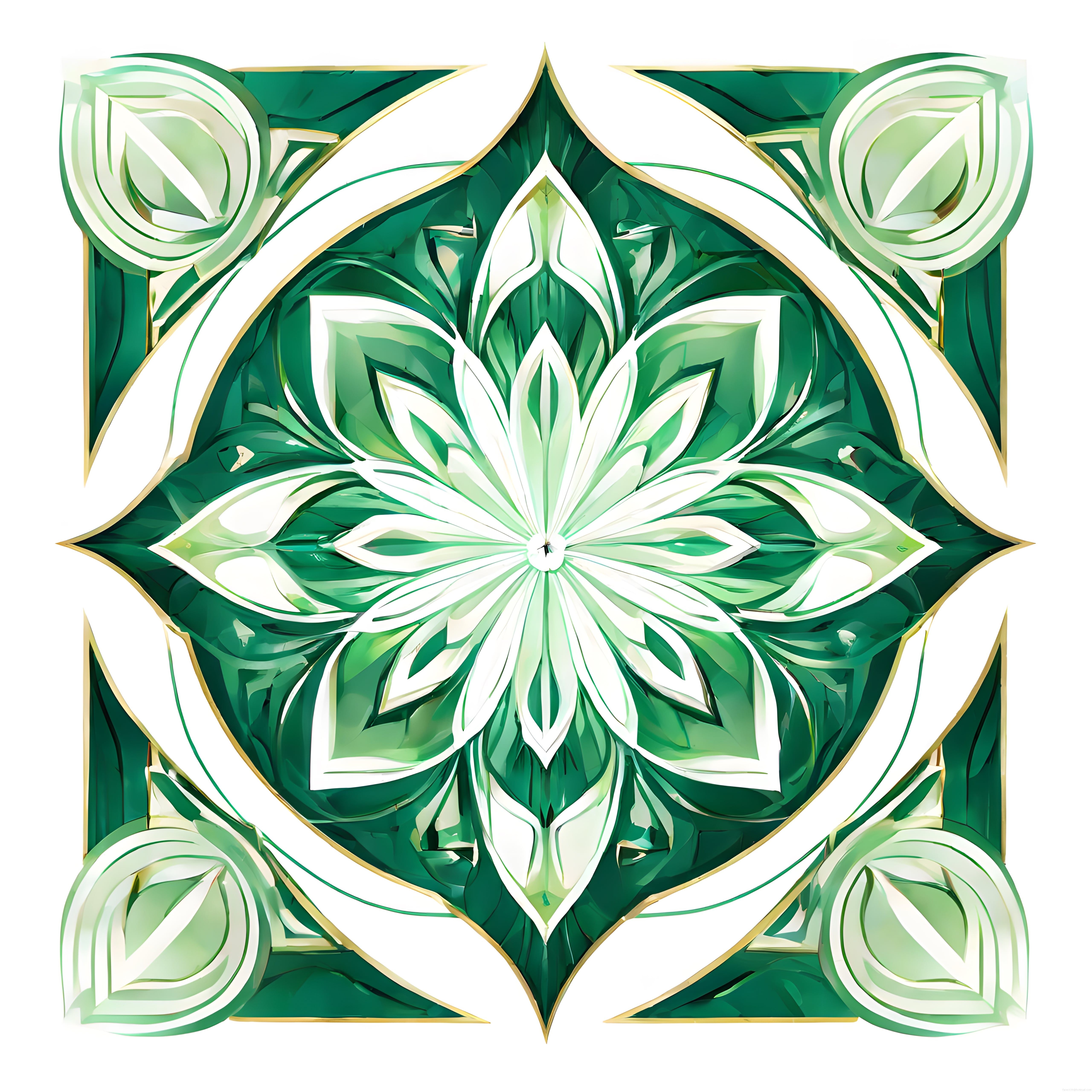 Zümrüdüanka Yeşili Geometrik Lotus Motifli Simetrik Dijital Sanat Eseri