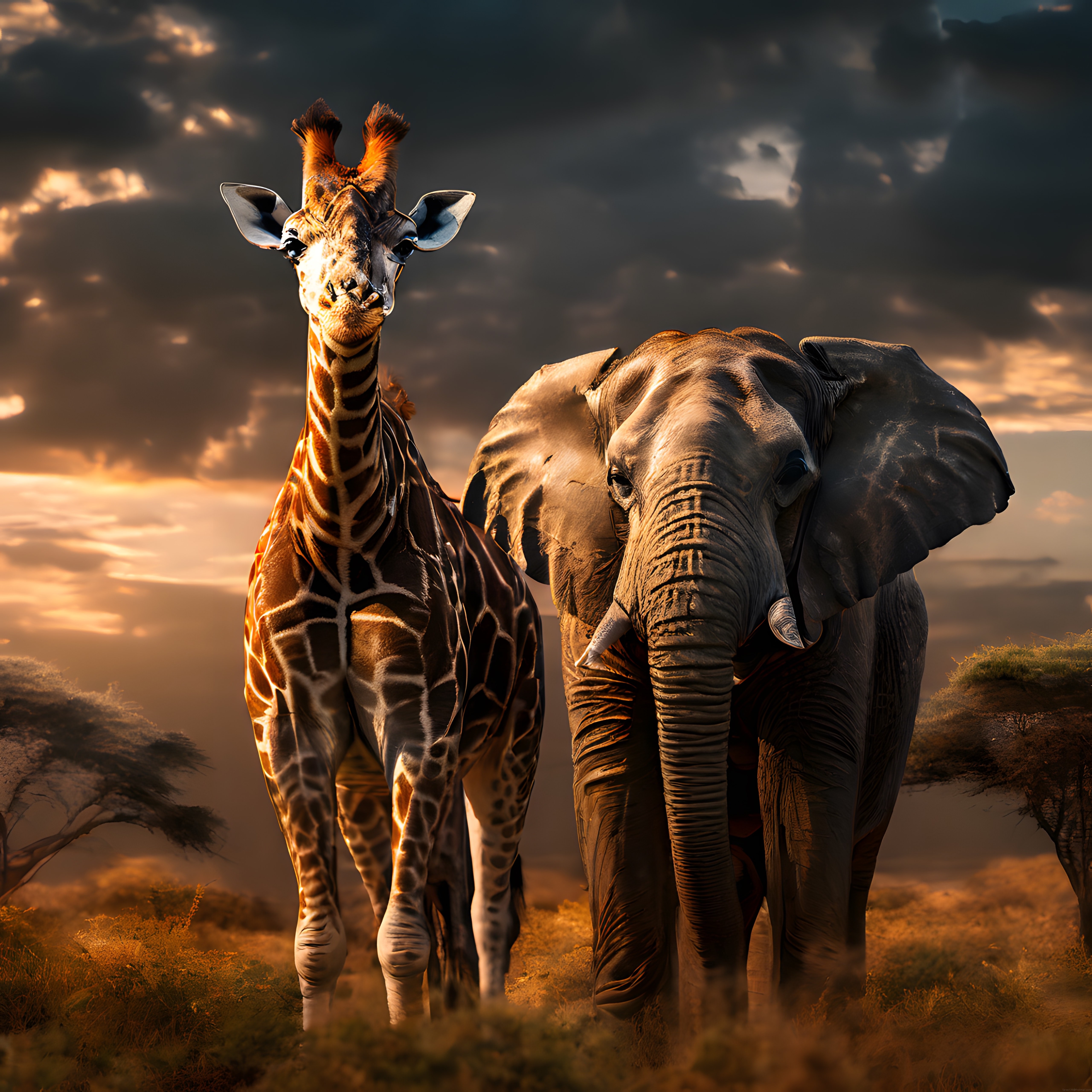 Zürafa ve Filin Gün Batımındaki Büyüleyici Afrika Savanası Buluşması
