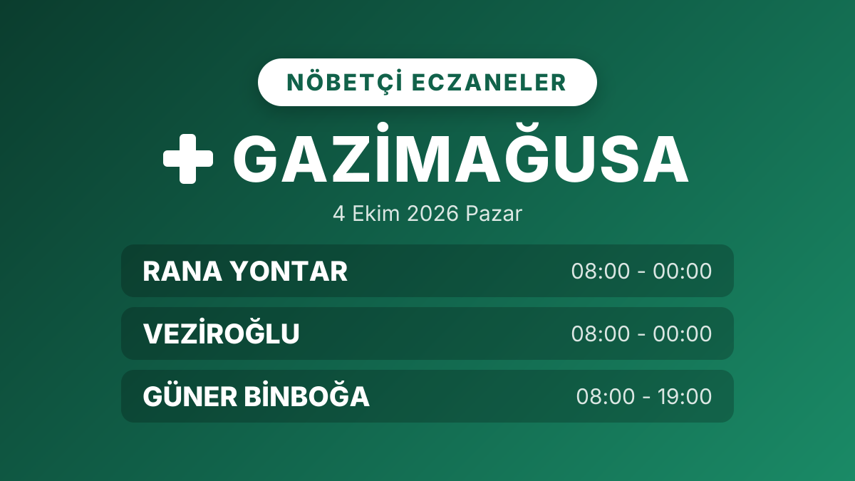 Gazimağusa nöbetçi eczaneler: 4 Ekim 2026 Pazar