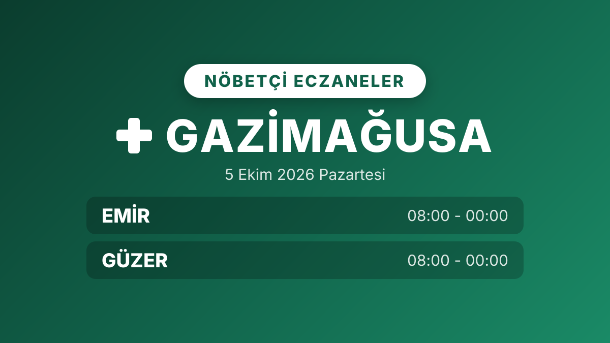 Gazimağusa nöbetçi eczaneler: 5 Ekim 2026 Pazartesi