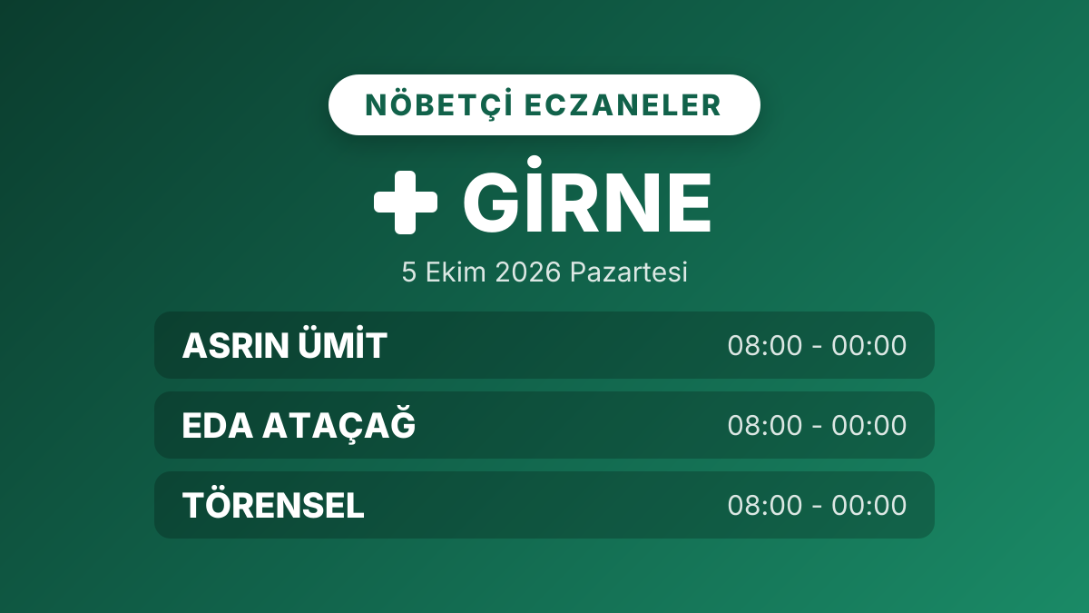 Girne nöbetçi eczaneler: 5 Ekim 2026 Pazartesi