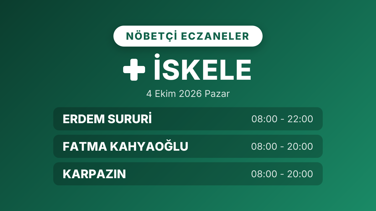 İskele nöbetçi eczaneler: 4 Ekim 2026 Pazar