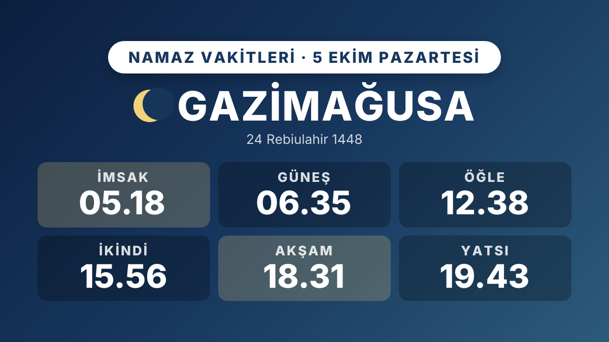 Gazimağusa ezan ve namaz vakitleri: 5 Ekim 2026 Pazartesi