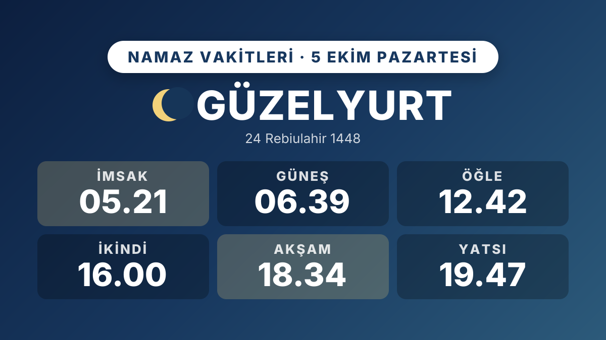 Güzelyurt ezan ve namaz vakitleri: 5 Ekim 2026 Pazartesi