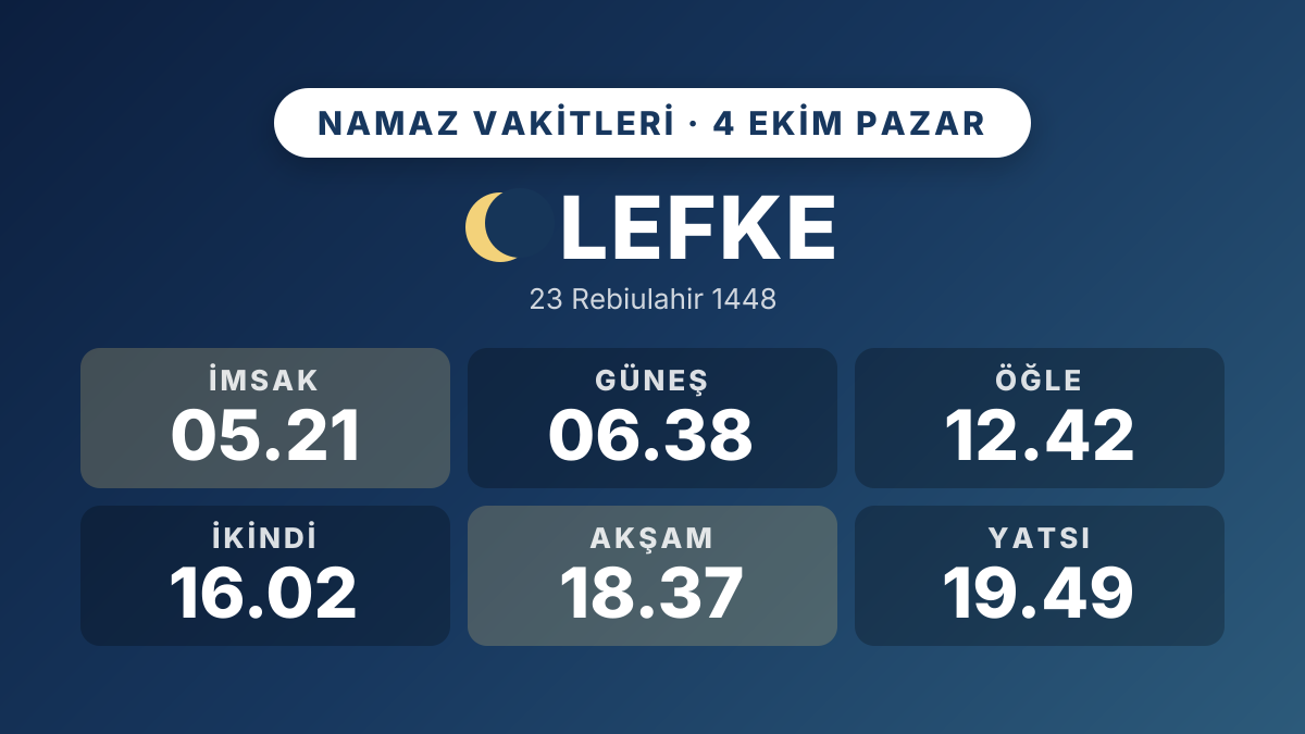 Lefke ezan ve namaz vakitleri: 4 Ekim 2026 Pazar