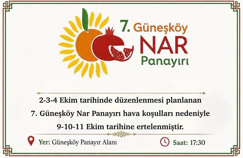 Güneşköy Nar Şenliği 9‑11 Ekim’e alındı